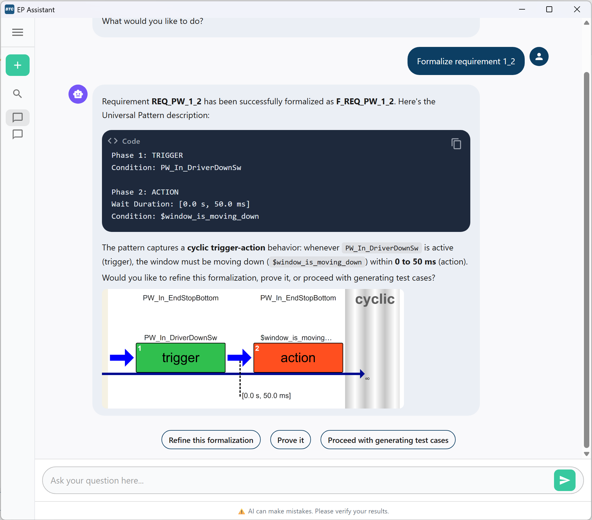Der BTC AI Assistant formalisiert eine schriftliche Anforderung als Universal Pattern mit Auslöser, Aktion und Zeitvorgabe.